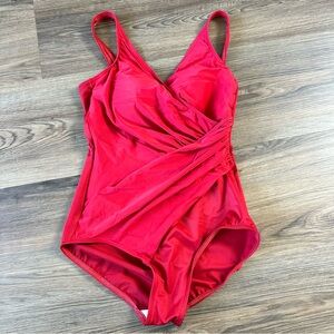 Miraclesuit One Piece Swimsuit Size 12 Red Built In Bra Wrap Ruching Resort EUC